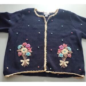 Christopher Banks Womens Navy Blue Embroidered Floral Sweater Size Large Cottage